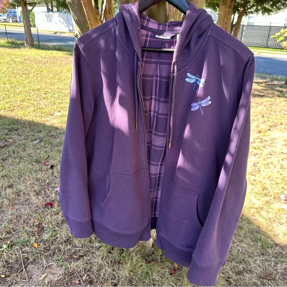 L.L. Bean Purple 1912 Flannel Lined Fill Zip Hoodie with Dragonflies